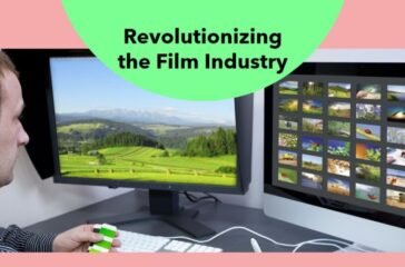 An individual sitting at a desk with a computer monitor displaying a green landscape and multiple smaller images of various scenes. The text “Revolutionizing the Film Industry” is prominently displayed across the top.