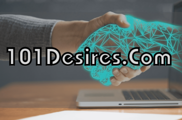 A hand reaching out from a laptop screen, connecting with a human hand, overlaid with a blue digital mesh pattern and the text “101Desires.Com”