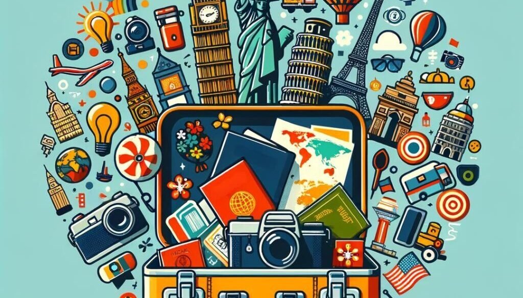 A vibrant illustration featuring an overflowing suitcase with various travel-related items and iconic landmarks such as the Statue of Liberty and Eiffel Tower, symbolizing adventure and global tourism.