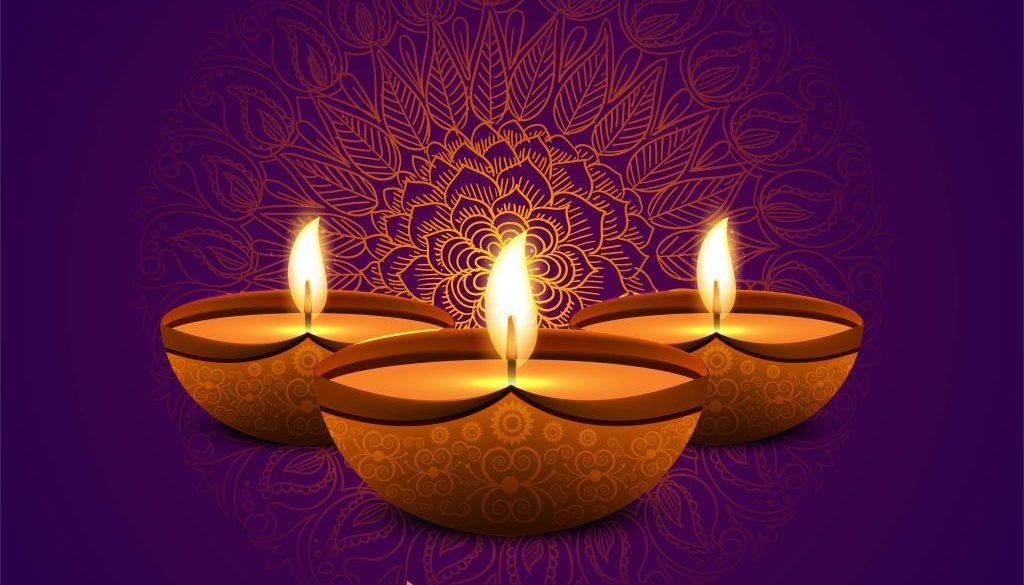 Illustration of burning diya on happy diwali holiday background
