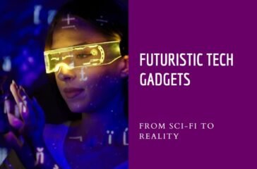 A person is seen wearing a virtual reality headset, immersed in an experience with hands raised as if interacting with the technology. The background is dark with a purple hue, enhancing the futuristic vibe. The image has text overlays that read “FUTURISTIC TECH GADGETS” and “FROM SCI-FI TO REALITY.”